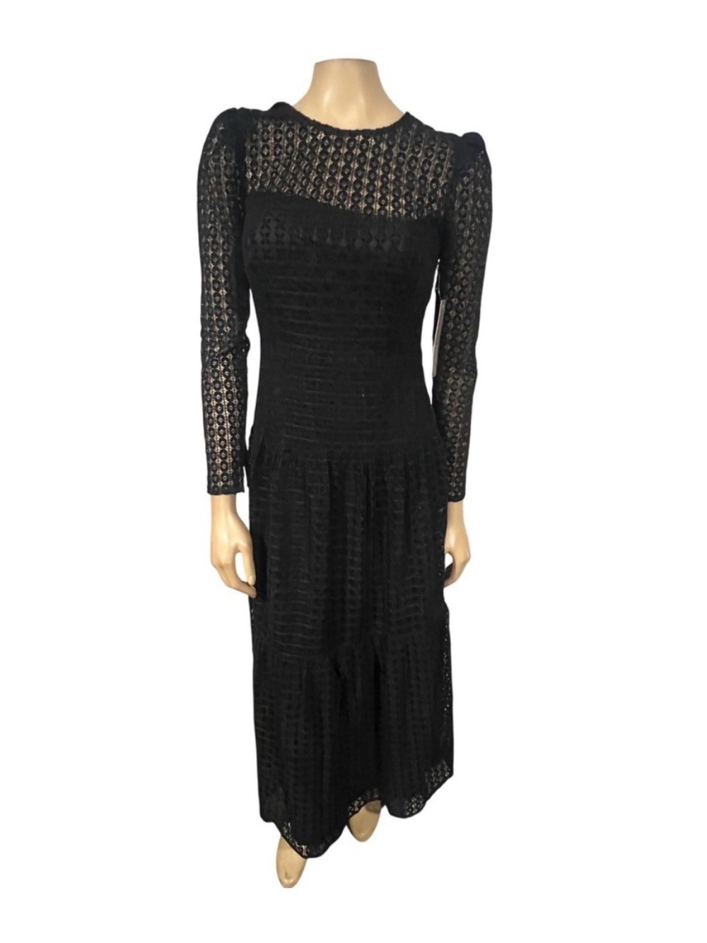 NWT Maude Club Black Lace Midi Dress with Puff Sleeves Size M